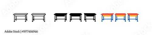 Classroom context presented with uniform school desks arranged in a straight horizontal row, same tabletop width and leg