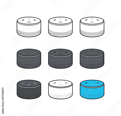Collection of smart speaker icons in various colors and styles