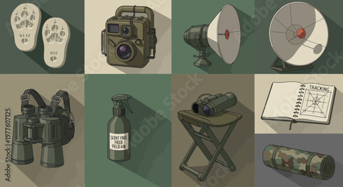 Military green survival gear equipment set.