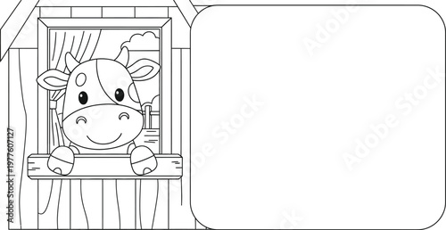 Cute baby cow looking out barn window coloring page with copy space