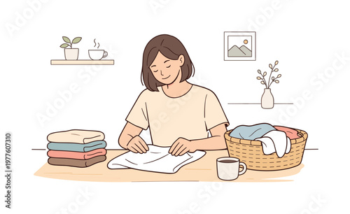Woman enjoying slow laundry folding moment at table, careful movements and gentle focus emphasizing mindfulness, minimalist flat