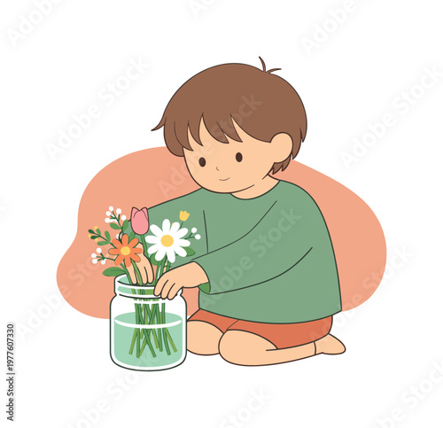 Child Arranging Flowers. Gentle child finishes arranging flowers in a jar pressing stems down as water settles and balance returns
