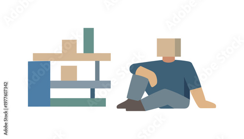 Individual resting beside a calmly ordered structural system in open space, presenting work structure understanding as a stable