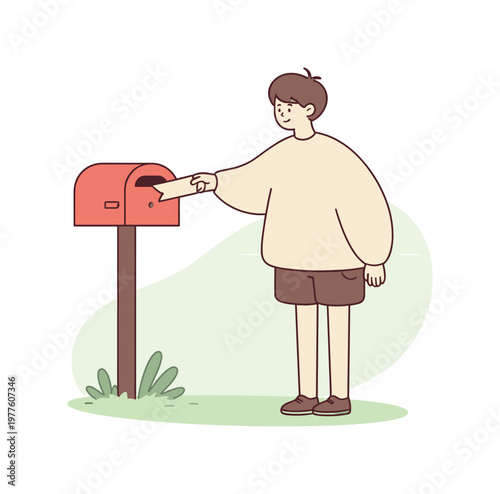 Quiet person sends a letter by sliding an envelope into a mailbox, standing still for a moment before letting go calmly | scene