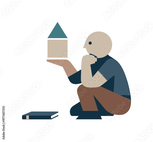 Individual pausing as two shapes align unexpectedly, recognizing emerging coherence within personal understanding. Stylized