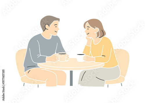 Couple sitting cafe table in an evening scene and enjoying shared time together, calm expressions and balanced composition,