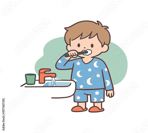 Child's Bedtime Routine. Fresh child brushes teeth at sink before sleep as water runs softly and pajamas show a calm nightly
