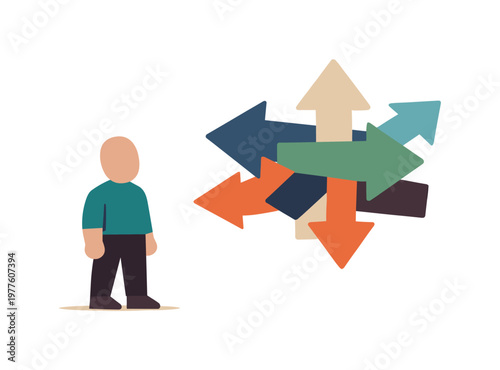 Individual facing overlapping path markers that blur direction, reflecting uncertainty in career shaping. Stylized editorial