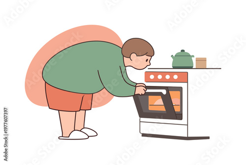 Quiet person checks the oven door, leaning slightly forward to peek inside while warm light glows softly within the kitchen