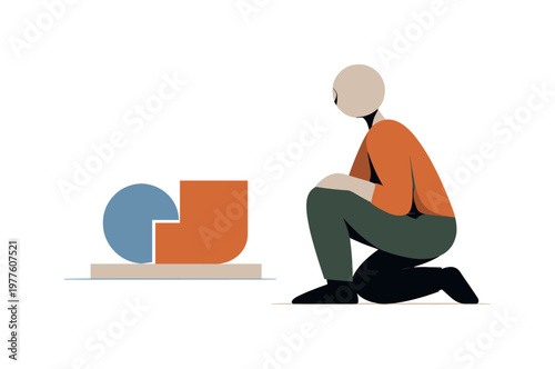 Person pausing as two shapes settle into a clearer relationship, sensing intent becoming more defined. Stylized editorial