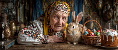 Portrait of elderly woman in traditional embroidered clothing with rabbit, Easter basket of decorated eggs and traditional cake on rustic table