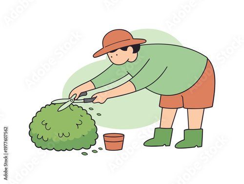 Soft person leans forward trimming bushes, reaching carefully to refine the rounded shape | scene of person trimming bushes, flat
