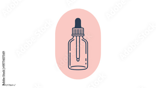 Simple line art of a dropper bottle on pink oval background