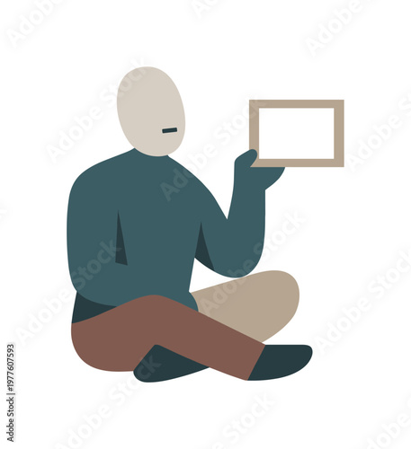 Individual holding a simple framing guide, viewing the pattern as an object of awareness rather than identity. Stylized editorial