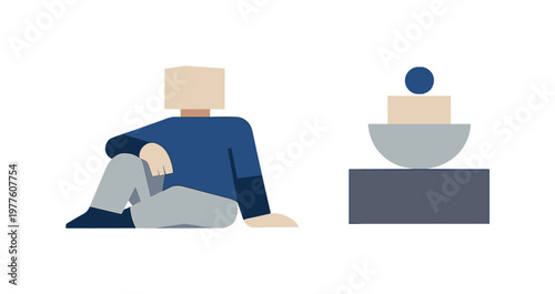 Individual resting beside a calmly ordered focus structure in open space, presenting focus during work as a stable professional