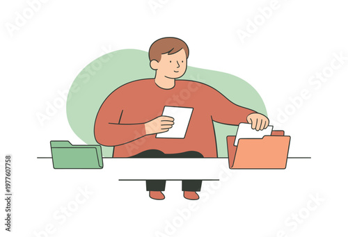 Calm person pauses while placing files into folders, reviewing labels as the desk stays uncluttered | scene of person placing