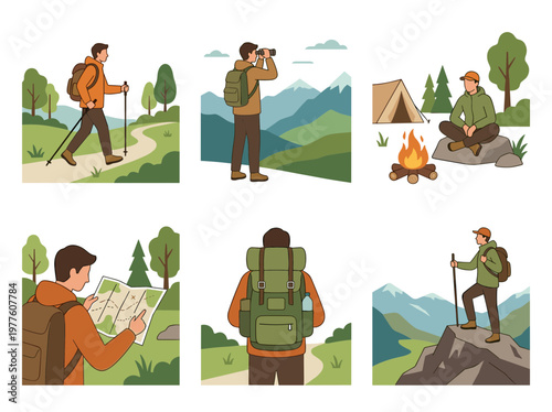 Hiking outdoor activities set: professional flat vector illustrations of trekkers and camping scenes