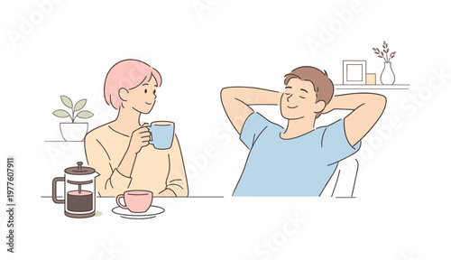 Couple enjoying coffee break together with relaxed atmosphere and plant decor