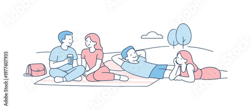 Young couples enjoying a relaxed picnic day in a park with simple line art style