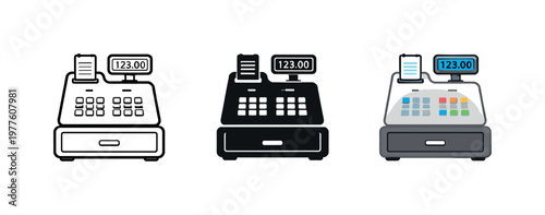 Three cash register icons in different styles: outline, silhouette, and color
