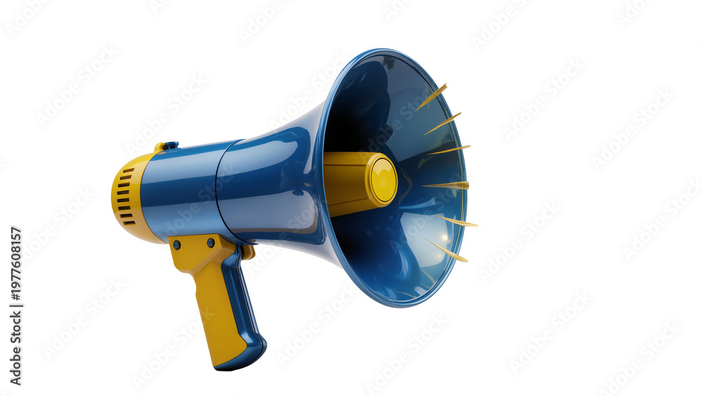 Fototapeta premium Shiny blue and yellow megaphone with golden accents, isolated on transparent background