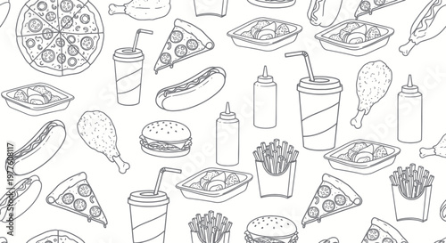 Fast Food Items Line Drawings Collection.