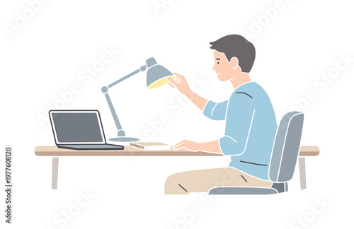 Minimalist Workspace Lighting. Man fine tuning desk lighting at home workspace, lamp and desk as minimal props with balanced