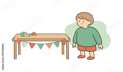Soft child decorates a table with paper garlands, taping corners neatly while stepping back to check balance nearby calmly today.