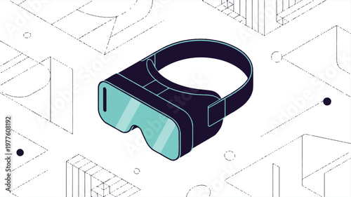 Virtual reality headset with futuristic technology and geometric shapes around it