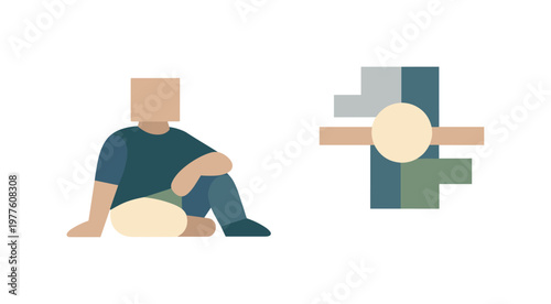 Human figure rests in open white space near a single stable abstract symbol, expressing aligned internal structure. Stylized