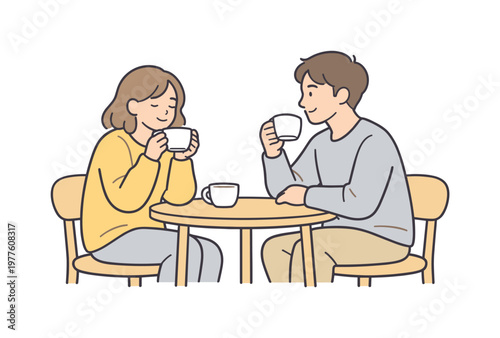 Couple relaxing cozy home in a quiet morning moment, sitting at a small table and enjoying coffee calmly, minimalist flat vector