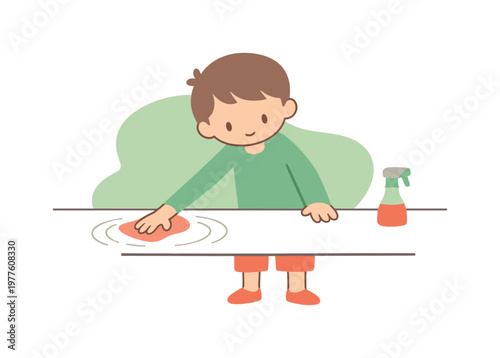 Gentle routine shows a child wiping a table in slow circles, keeping the area tidy and bright | scene of child wiping a table,