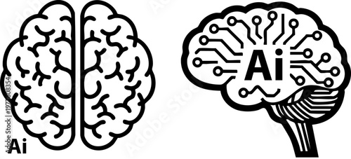 Artificial intelligence brain icons set, digital neural network and human mind vector illustrations, AI technology concept graphics
