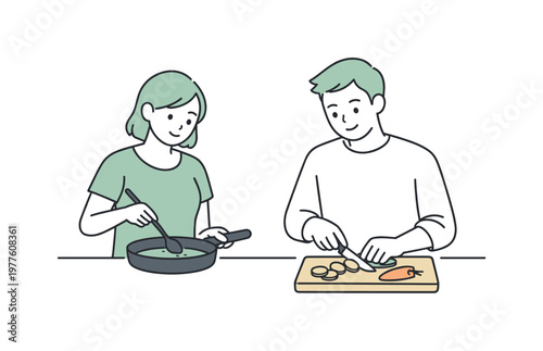 Couple cooking kitchen together during a quiet evening routine, one chopping vegetables while the other stirs gently, minimalist
