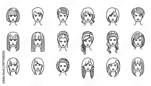 Set of 18 Woman Hairstyles Line Art Vector - Female Hair Style Icons Collection