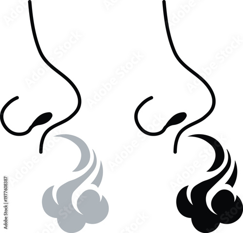 Human nose icon set with breathing air and smelling aroma clouds vector illustration isolated on white