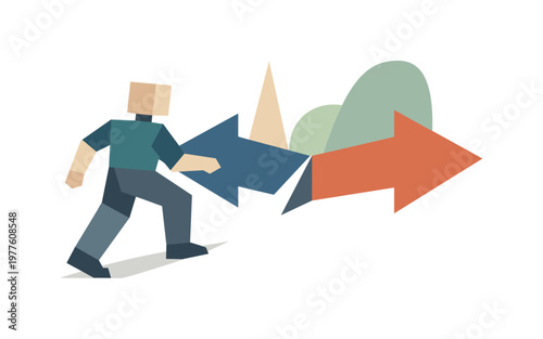 Human stepping into the convergence to examine conflicting directions directly. Stylized editorial character illustration, modern