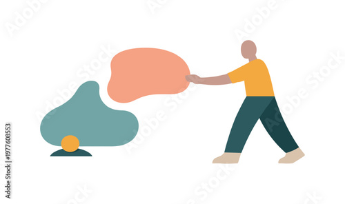 Person gently repositioning one drifting abstract form nearer to the anchor, reducing internal scatter. Stylized editorial