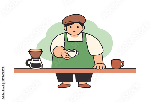 Minimalist Barista Scene. Warm barista offers a small cup of coffee over the counter while the café space stays minimal and