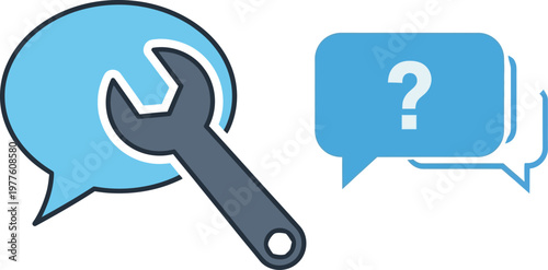 A wrench and question mark icons are illustrated in chat bubbles.