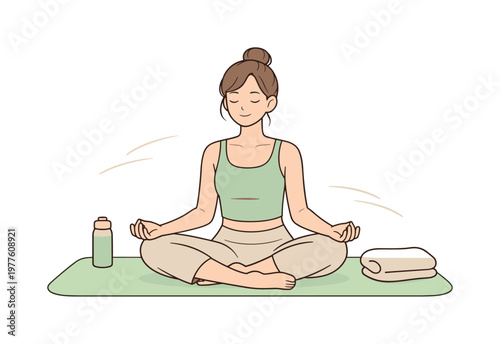 Woman practicing morning yoga ending session calmly, sitting still and enjoying quiet moment, minimalist flat vector illustration