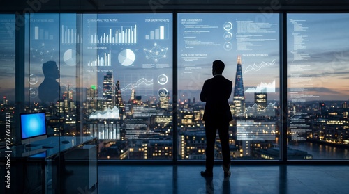 Business professional analyzing city skyline data through digital interface at dusk