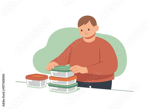 Calm Meal Prep. Calm person places food containers on a counter, aligning lids and stacking boxes neatly during a calm kitchen