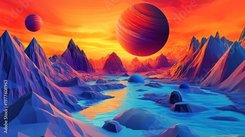 Vibrant alien landscape featuring jagged purple mountains, a glowing orange sky, and massive striped planets hovering above a blue river