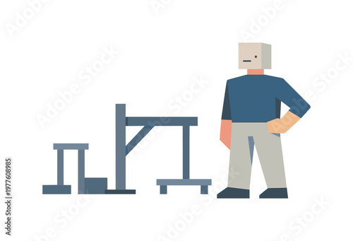 Individual standing beside a reduced structural framework composed of few essential elements, expressing clear understanding.