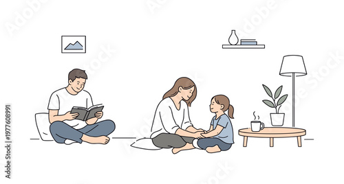 Family spending slow quality time indoors, balanced composition with minimal props and calm body language highlighting presence,