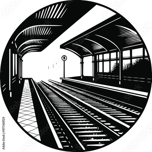Monochrome train station, railway platform, black and white illustration, vector graphic