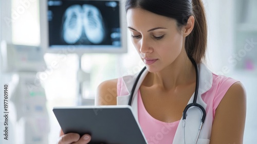 Focused female doctor reviewing medical data on tablet in hospital.