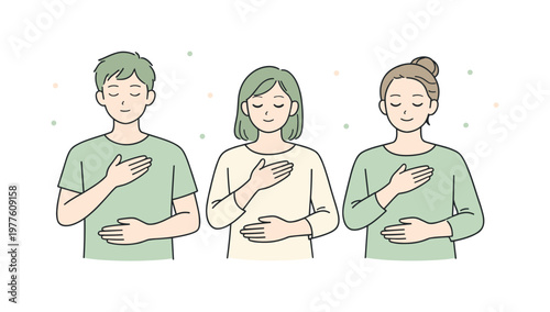 People focusing mental wellness during a quiet breathing exercise, standing side by side with gentle hand placement and steady