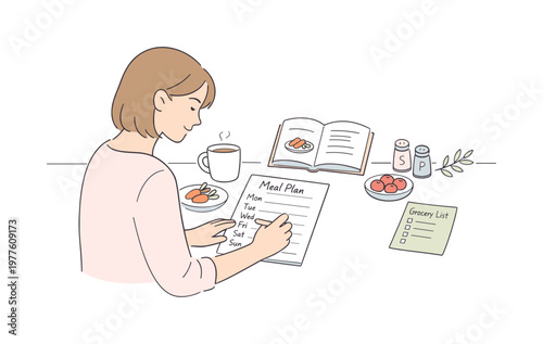 Woman organizing weekly meal plan during quiet moment, gentle hand writing menu notes with minimal table setup, minimalist flat